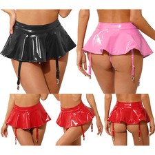 Women's Leather Ruffled Skirt Built-in Thong Mini Skirt Garter Belts Metal Clips