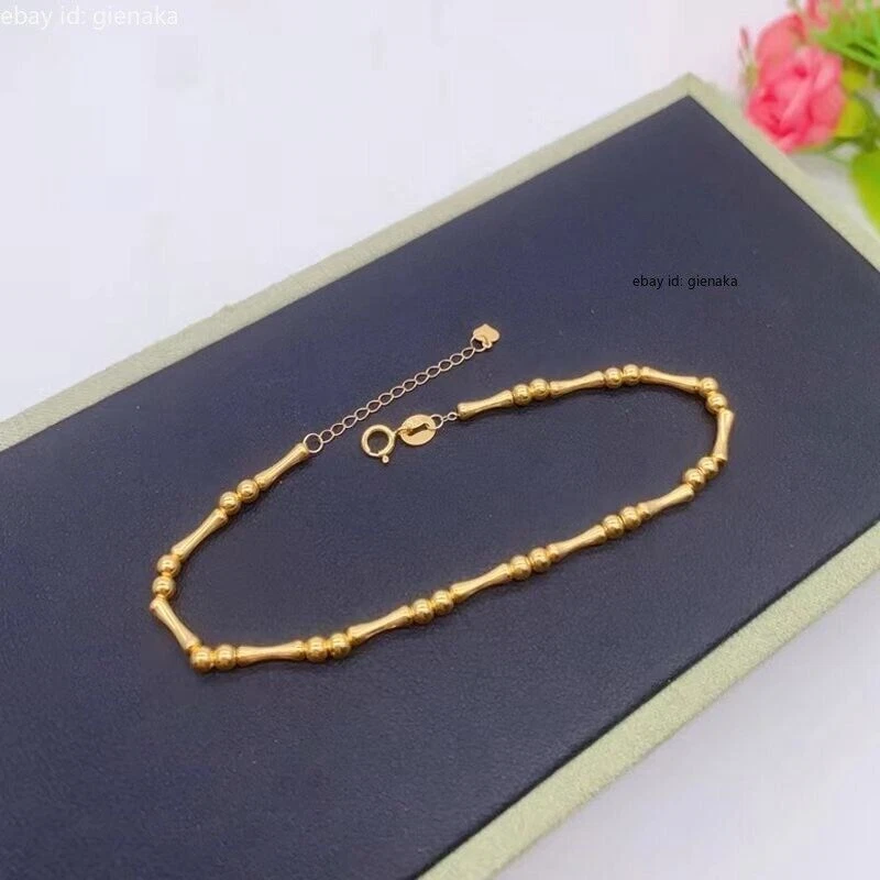 纯 18K 黄金 AU750 竹珠女式手链手镯 6.5+1.2 英寸 — 第 2/4 张图片