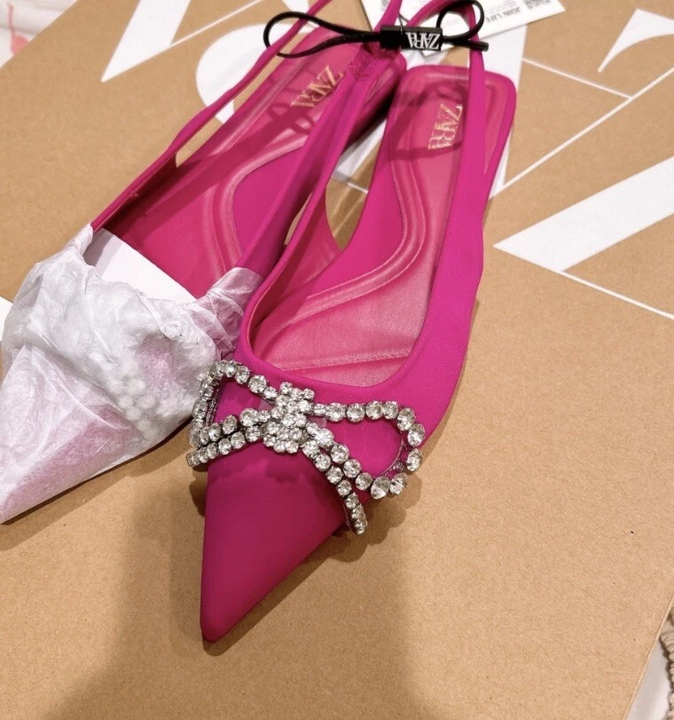 ZARA NEW WOMAN FLAT MULES WITH EMBELLISHED BOW FUCHSIA SIZE 6 US