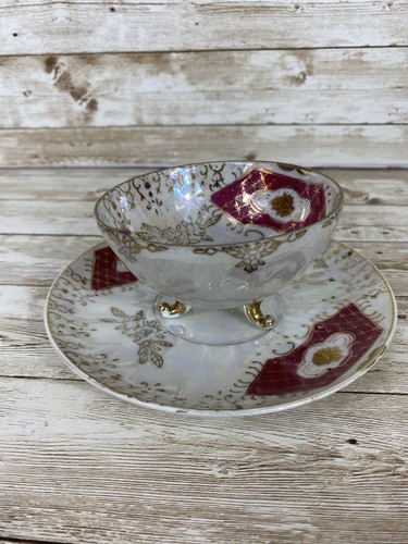 Tazza da tè e piattino vintage Lustreware Giappone con piedi oro bordeaux - Foto 11 di 15
