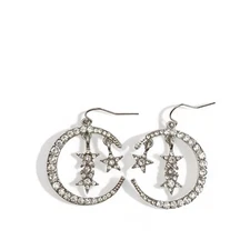 Celestial Crescent Moon Stars Pave Crystal Silvertone Dangle Earrings