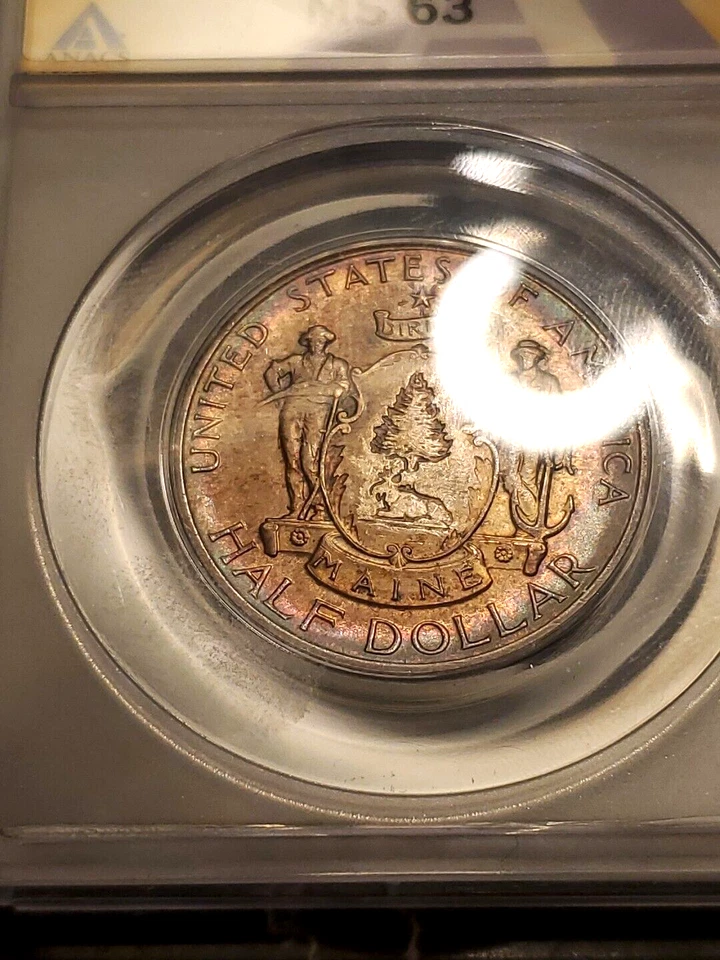 1920 MAINE COMMEMORATIVE HALF DOLLAR NICE MULTI COLOR WOW TONING ANACS MS63 - Image 2 of 4