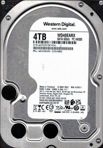 WD40EARX-22AVNB0 WX52D MAI 2021 Thaïlande Western Digital 4 To - Photo 1 sur 2