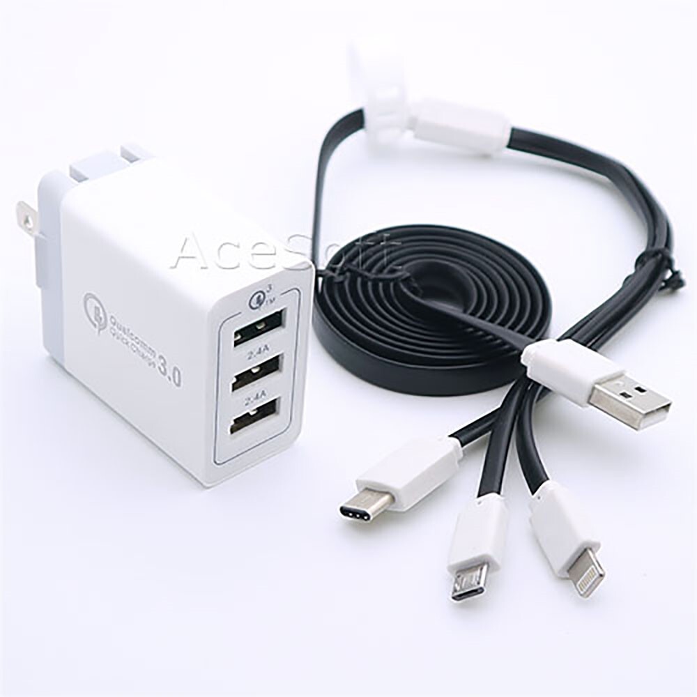 High Security Wall QC 3.0 Adapter 3-in-1 Cable for Samsung Note 8 SM-N950U