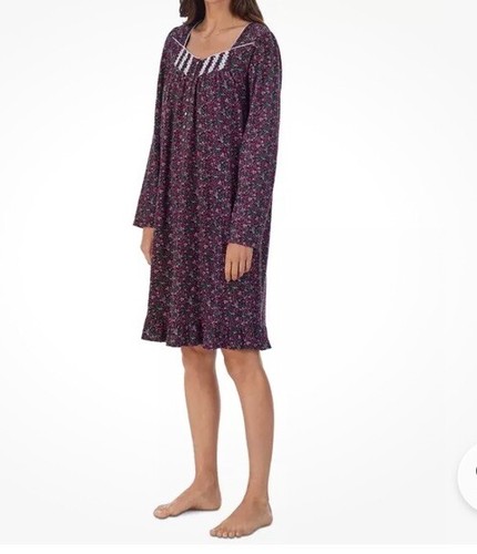 EILEEN WEST Women SZ M Black Pink Floral Long Sleeve Short Nightgown - Picture 9 of 13