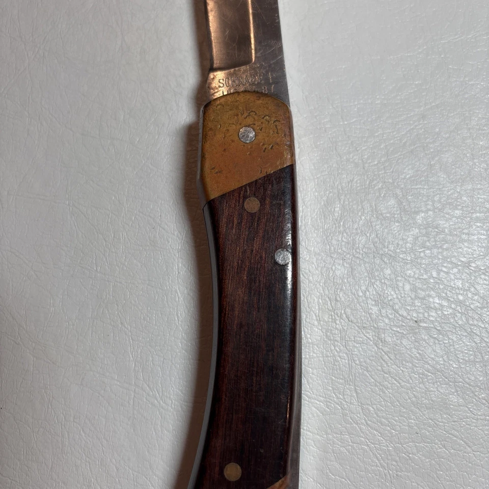Cuchillo vintage Schrade+ EE. UU. LB7, mango de latón y madera, bloqueo, cuchillo plegable Foto 3 de 4