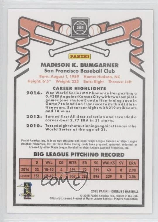 2015 Donruss Inaugural 1981 Edition Press Proof Platinum Blue Madison Bumgarner - Image 2 of 2