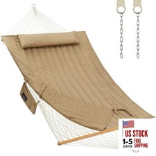 Outdoor Double Hammock with Hardwood Spreader Bars, Large Rope Hammock with Tan