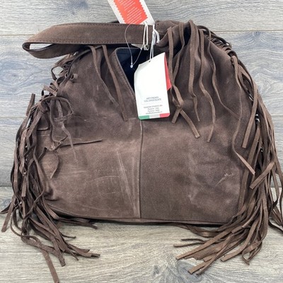 Divina Firenze Suede Fringe Hobo Bag Womens Large Chocolate Brown Made in Italy