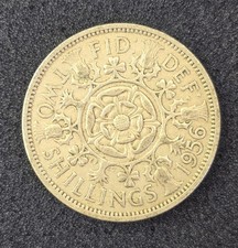 1956 TWO SHILLINGS FLORIN &ndash; QUEEN ELIZABETH II &ndash; TUDOR ROSE  PRE DECIMAL UK COIN