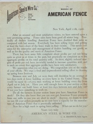 1906 American Steel and Wire Fence Co American Fence New York NY Letterhead