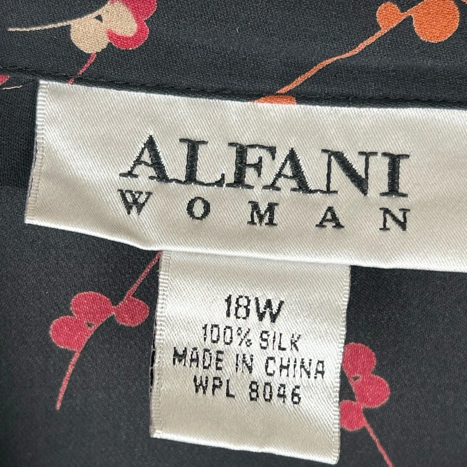 Alfani 100% Silk Shirt 18W Black Red Orange Floral Long Sleeve Elegant Eclectic - Image 2 of 4