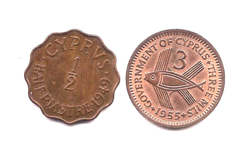 1949 Cyprus 1/2 Piastre & 1955 Cyprus 3 Mils--Very Strong Details!!