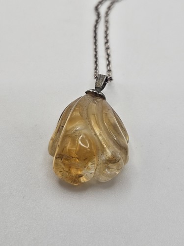 Vintage geschnitzter Citrin Quarz Anhänger Sterlingsilber Halskette