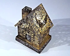 Gold Plated Brass House Candle Lantern - Christmas Tree Wreath Holly - Tea Light