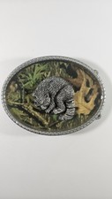 CAMO Raccoon BELT BUCKLE Metal Western USA Camouflage Silver Tone Edging
