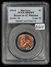 1976-D 5c Jefferson Nickel Mint Error Stk on 1c Planchet - PCGS MS 63 FS - B5614