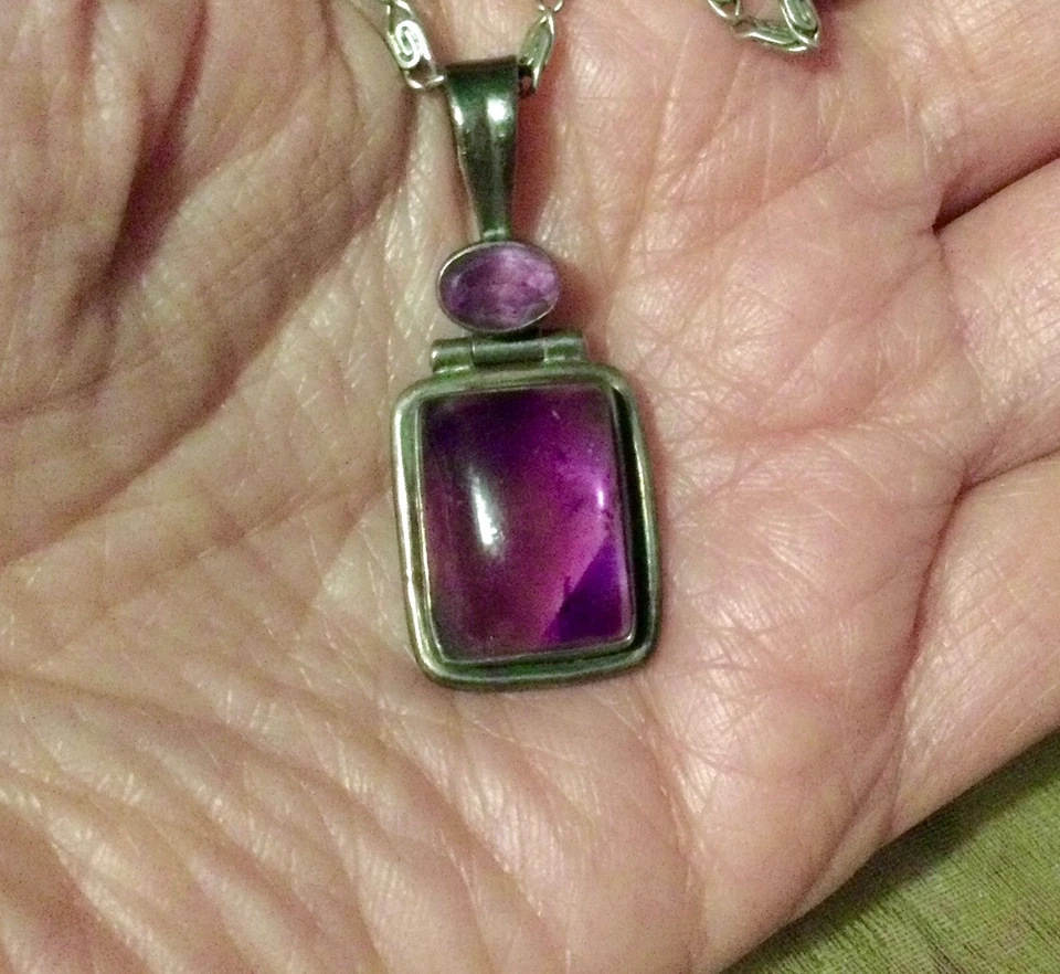 Argent Massif Ancien-Beau Pendentif Améthyste Naturelle en Cabochon-925 Vintage - Photo 1/4