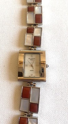 Vintage Marcel Druker Trapezoid Mother of Pearl Dial Quartz Watch w/ Red Band Marcel Drucker Casual Wristwatches | eBay main image 4
