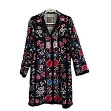 Johnny Was Biya Duster Jacket Medium Black Floral Silk Embroidered Art To Wear