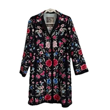 Johnny Was Biya Duster Jacket Medium Black Floral Silk Embroidered Art To Wear