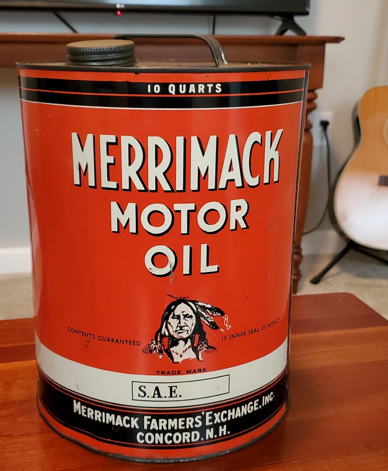 RARE Merrimack Motor Oil Can 10 Quart Steel Container Indian Chief