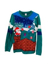 Ugly Christmas sweater, Holiday Unisex Sweater with Santa - Green Youth XL 14-16