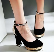 Womens Sequin Block High Heels Tassel Ankle Strap Pumps Platform Wedding Shoes