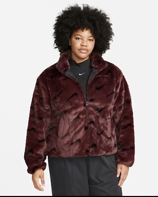Nike Sportswear Printed Faux Fur Jacket Burgundy DX6416-652 Size 2X Brand  New