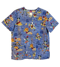 Disney Halloween Scrub Top Mickey Mouse Donald Duck Goofy Blue Women's Size S