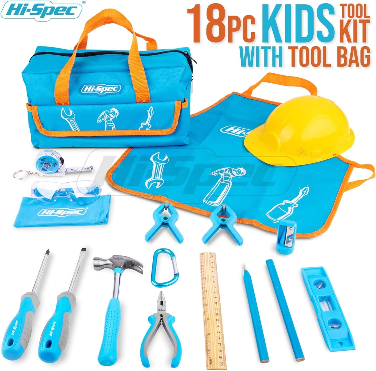 Blue Childrens Kids DIY Hand Tools Kit Set in Tool Bag, Metal Tools Hi-Spec 18pc
