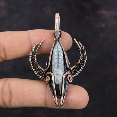 Orthoceras Fossil Wire Wrapped Bull Face Shape Pendant Copper 2.76''