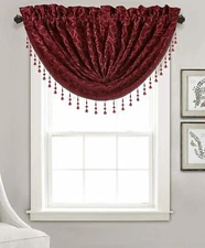 Jacquard Swag Valance with Beaded Tassel Rod Pocket Top Andora 48x37 Burgundy