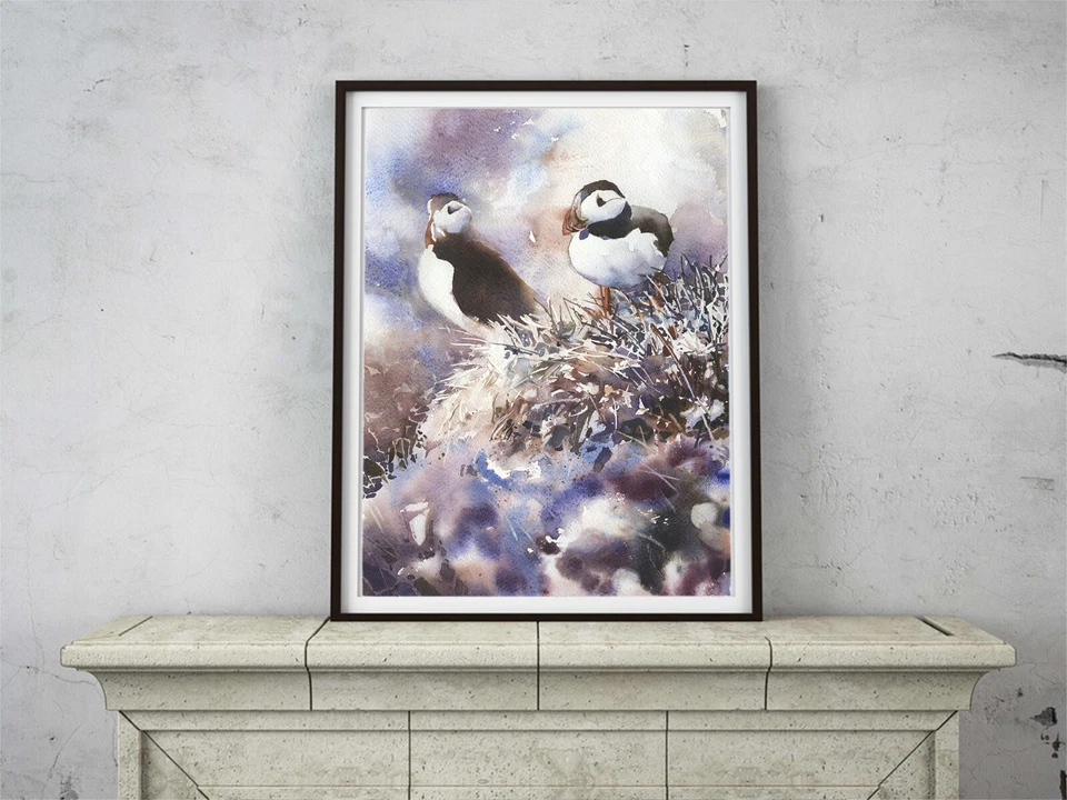 Icelandic puffin art watercolor painting.  Watercolor painting Puffin (print) - Image 3 of 4