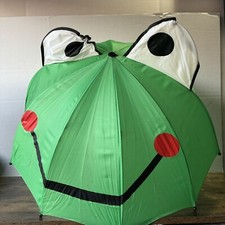 Vintage RainDear Folding Green Smiley Face Frog Umbrella W Pop Out Eyes