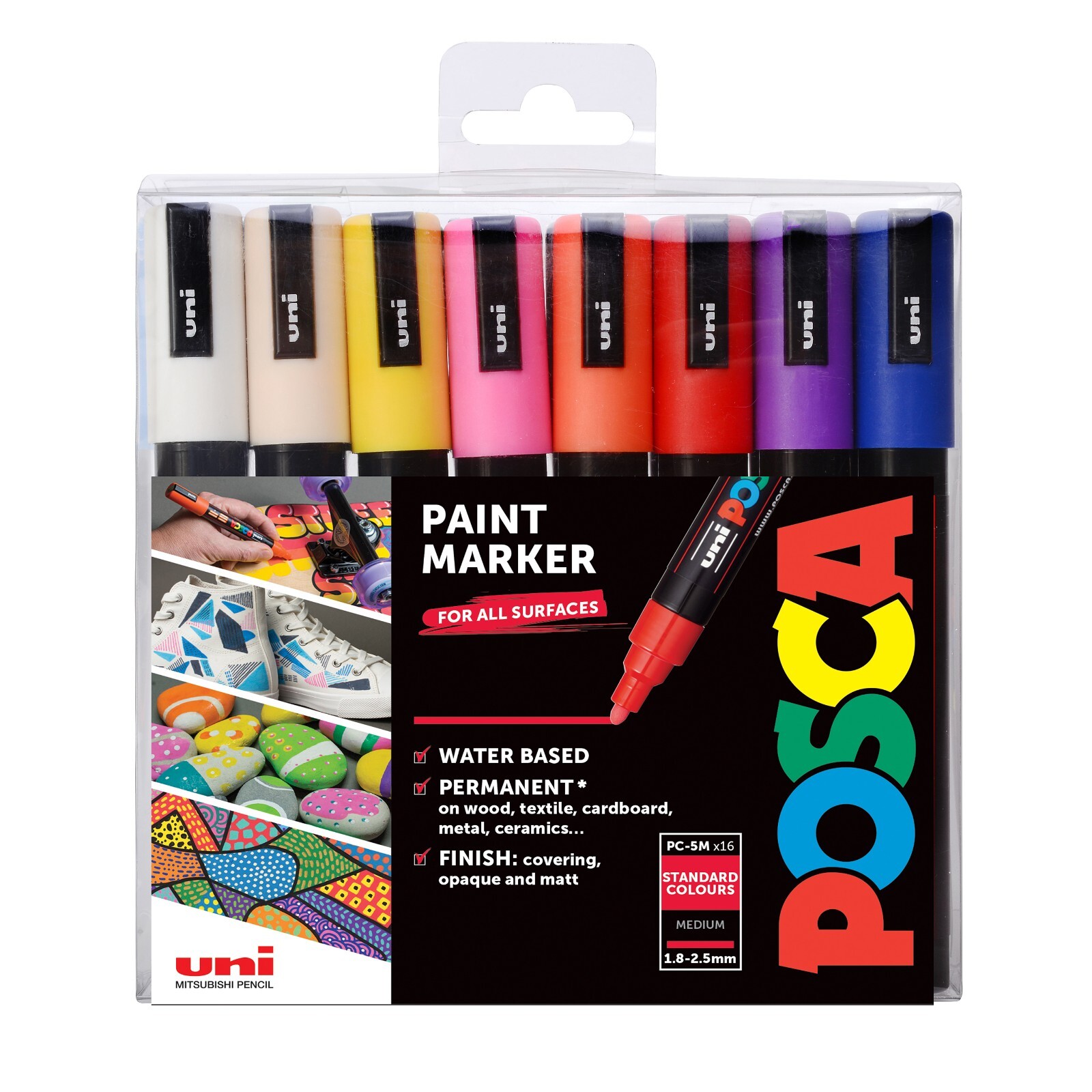 Uni Posca PC-5M 16 Colours Marker Bundle - 1.8-2.5mm Water Based Paint Pen Set