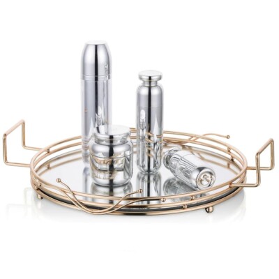 Gold Spiegeltablett Dekotablett - 29 cm Durchmesser rund Kosmetik Tablett Parfüm Make-up Set