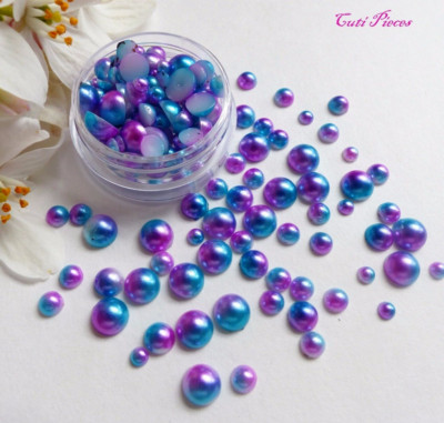 Meerjungfrau Perlen gemischter Topf rund lila blau Verblassen Effekt flache Rückseite Nailart Edelstein M2