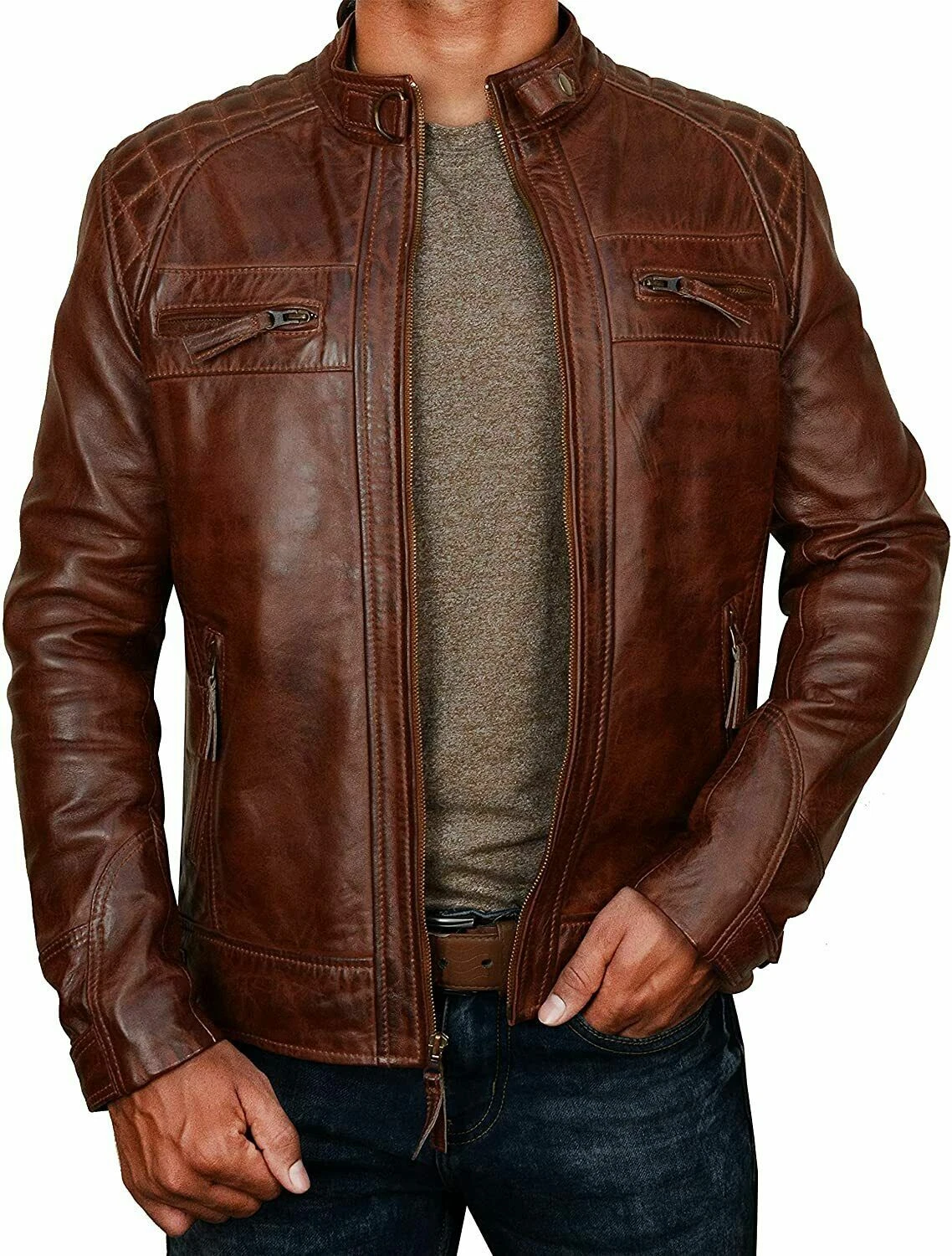 Men's Vintage Antique Brown Moto Racer Real Leather Distressed Biker Jacket Coat