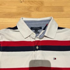Tommy Hilfiger Polo Shirt Men Medium Red White Striped Short Sleeve