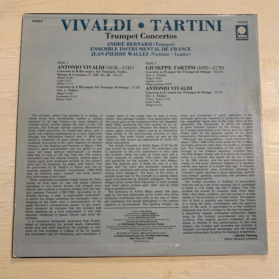 Andre Bernard Jean-Pierre Wallez Vivaldi Tartini LP Peters International M-!!!! Foto 4 de 4