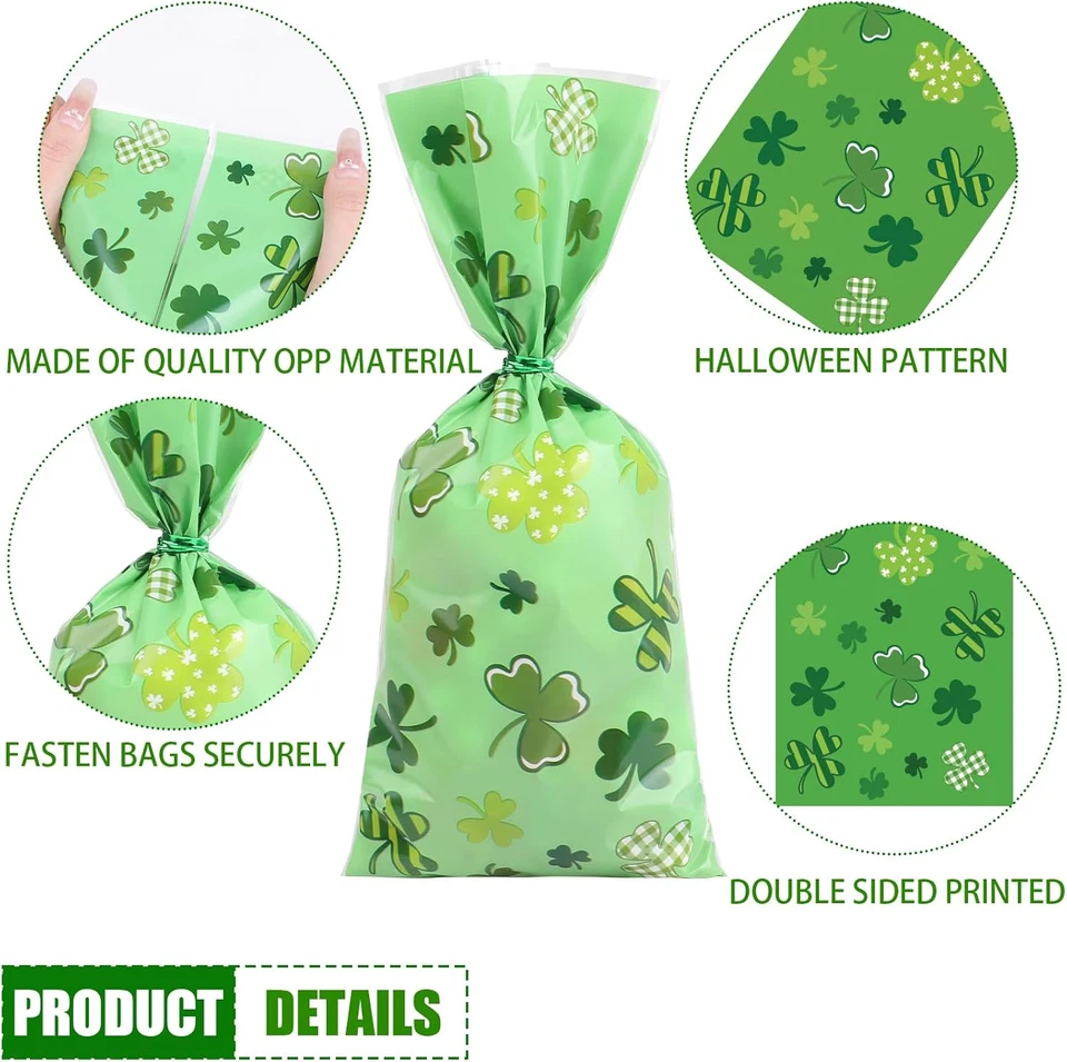 Bolsas de golosinas de celofán del día de San Patricio, 180 piezas caramelos de violonchelo trébol irlandés de la suerte Foto 3 de 4