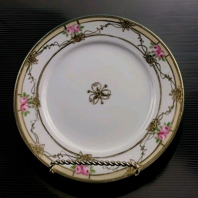 Nippon Hand Painted Bread Plate - Gold Tone Scroll, Pink Roses, Gold Trimmed