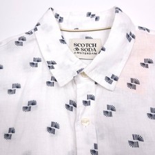 Scotch  Soda Linen Button Up Shirt Mens Large White All-Over Print Short Sleeve