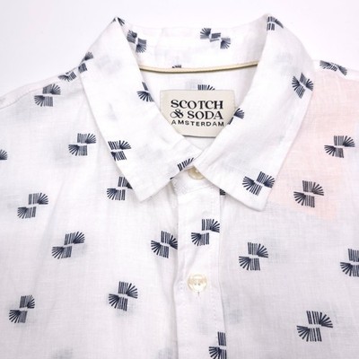 Scotch & Soda Linen Button Up Shirt Mens 2XL White All-Over Print Short Sleeve