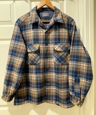 Vintage Pendleton Wool Board Shirt USA 60-70  s Blue Tan Teal Plaid Men  s L Flaw