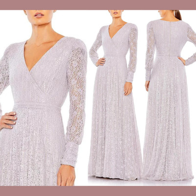 NWT Mac Duggal [ 6 ] 93679 Beaded Lace Long Sleeve Wrap Over Gown Lavender S1137