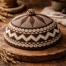 Kufi Hat Brown-Gray Muslim Prayer Cap Haji Skullcap Islamic Knitting Cap Topi