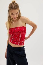 NWOT Free People Scottie Printed Cropped Shirred Mesh Tube Top Sz Small Red Boho
