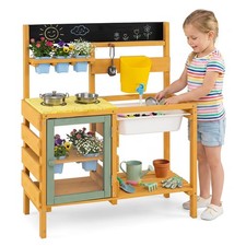 Wooden Mud Kitchen for Toddlers,Outdoor Play Kitchen w/Faucet  Water Tank, Sink